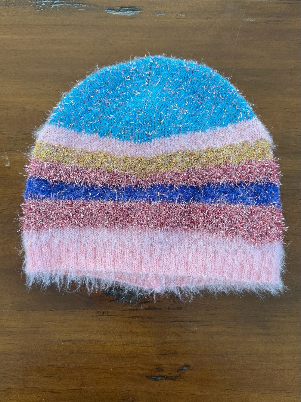 Shimmery Fuzzy Stripe Beanie - Pink, Blue, Gold